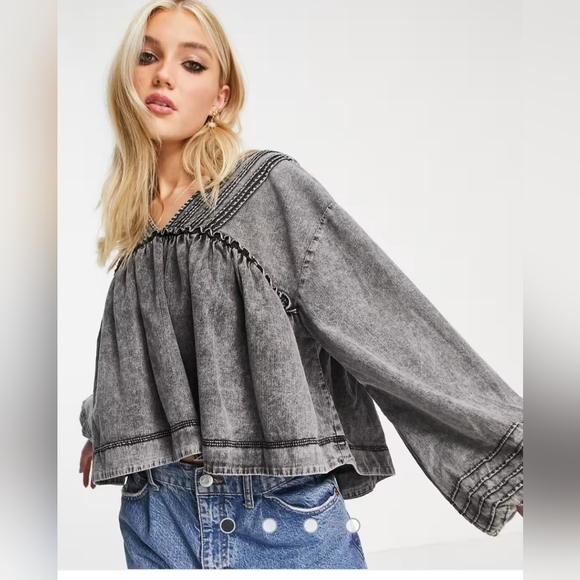 🆕️ Free People Charlotte Denim Blouse Black Wash Size: Small. - Picture 2 of 13